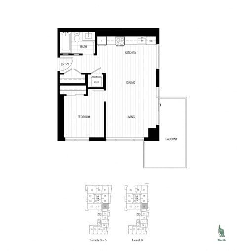 Floor plan for 1 bed, 1 bath, 575 sqft